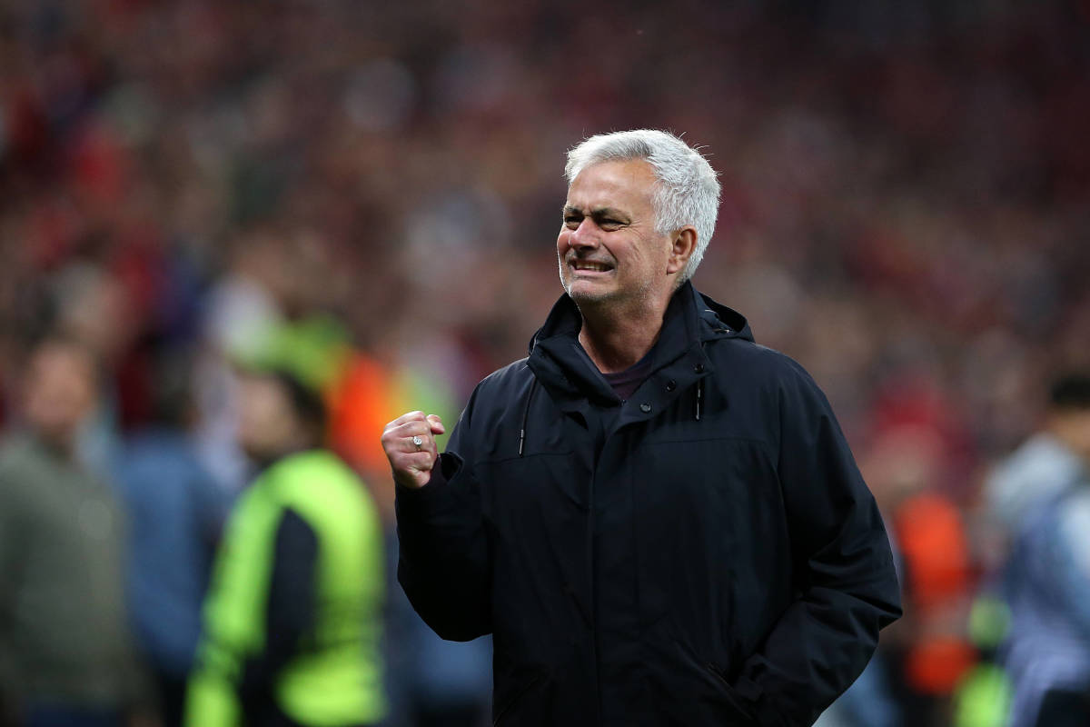 Roma manager Jose Mourinho pictured celebrating after guiding his team to a 1-0 aggregate win over Bayer Leverkusen in the semi-finals of the UEFA Europa League in May 2023